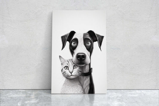 Black White Cat Dog, Loving Pets, Cute Animals, Minimalism, Animal Art, Kitten Decor, Puppy Art, Framed Canvas, Quirky Animal