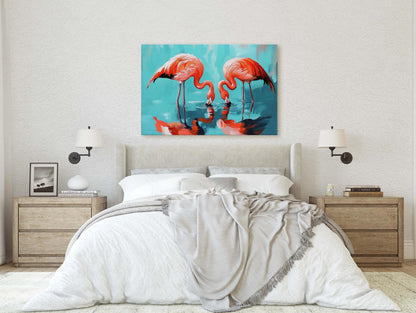 Flamingo Painting, Bird Art, Flamingos Drinking