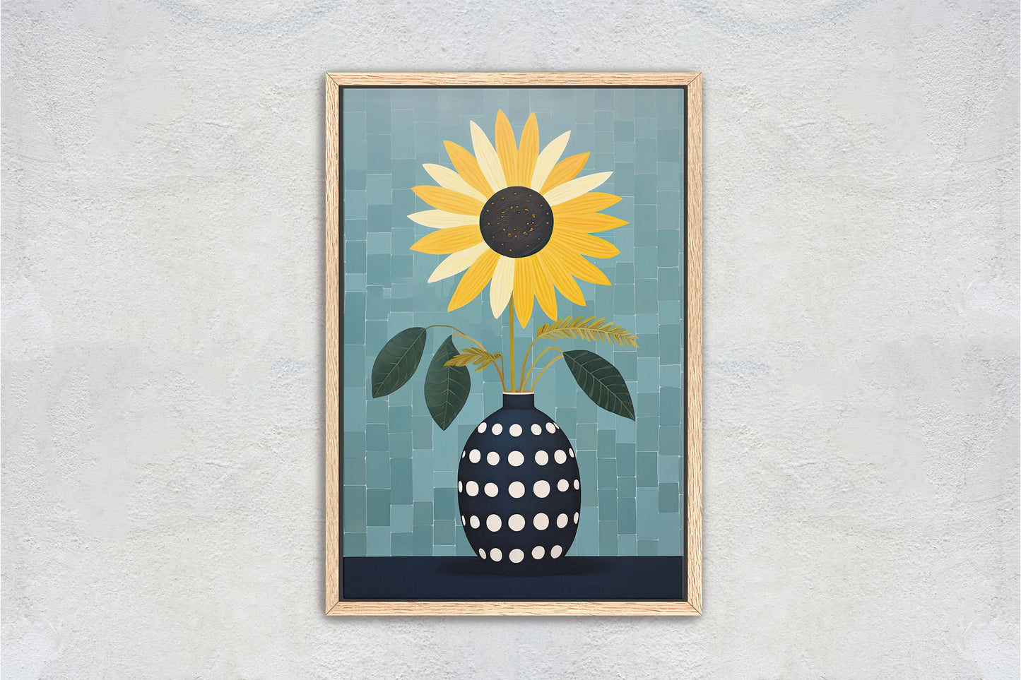 Sunflower Vase, Yellow and Blue, Indigo and Gold, Framed Canvas, Vertical Portrait, Large Art Print, Simple Bold, Contemporary Painting