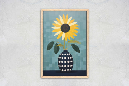 Sunflower Vase, Yellow and Blue, Indigo and Gold, Framed Canvas, Vertical Portrait, Large Art Print, Simple Bold, Contemporary Painting
