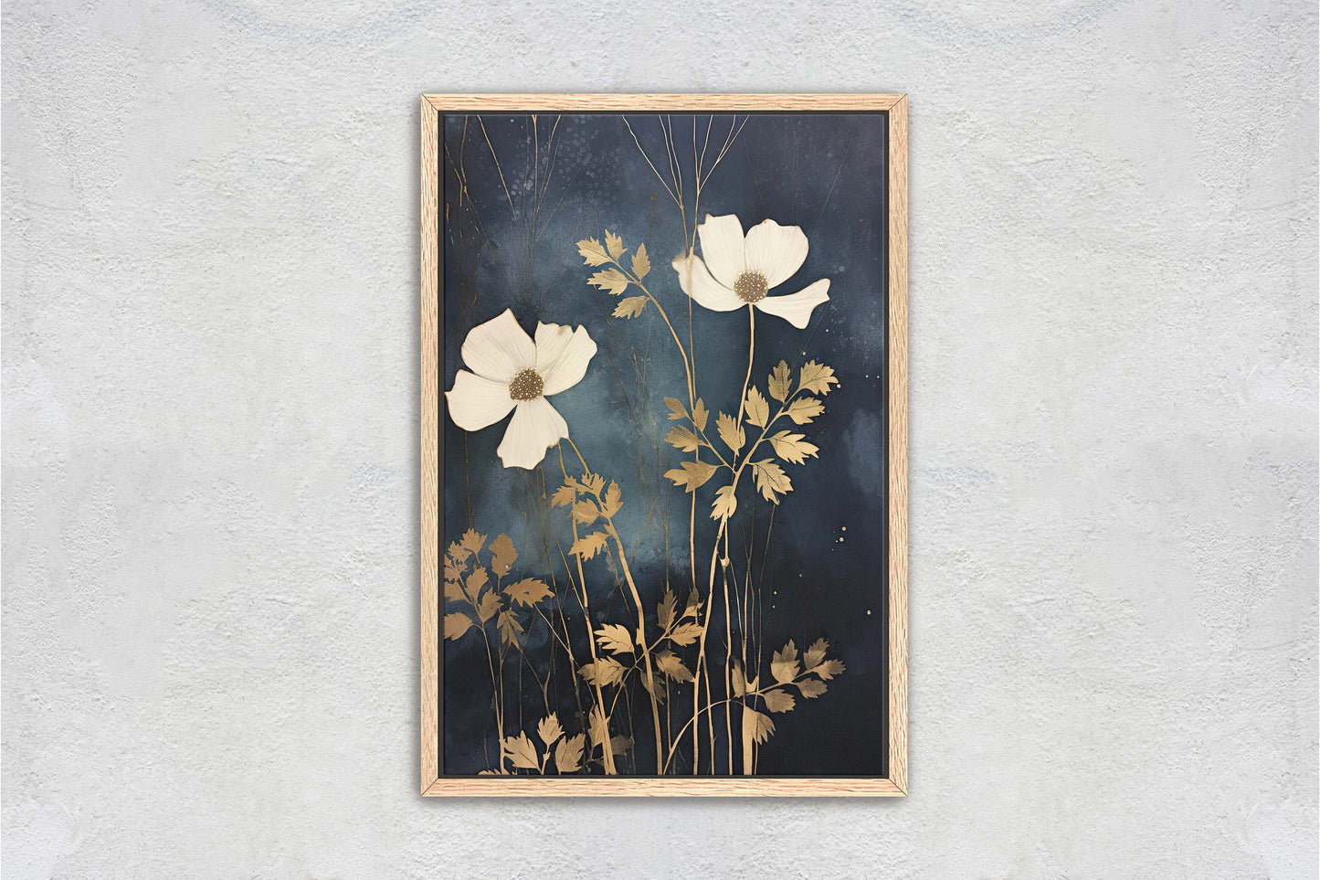 White Flowers, Indigo and Gold, Black and Gold, Wildflowers, Floral Painting, Framed Canvas, Large Print, Simple Bold, Contemporary Modern