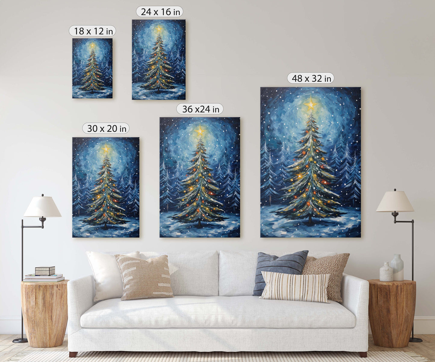 Starry Christmas Tree, Starry Night, Christmas Painting, Xmas Decor, Framed Canvas, Large Painting, Festive Print, Winter Art