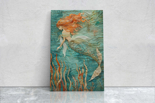 Mermaid in Garden, Nautical Artwork, Ocean Decor, Mythical Creature, Fantasy Decor, Faux Fabric, Framed Canvas, Extra Large Print