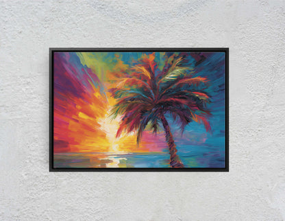 Modern Palm Tree on Canvas, Contemporary Art, Colorful Beach, Vivid Tree, Mid Century, Abstract Plant, Framed Canvas, Waterfront, Ocean