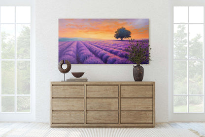 Lavender Fields, Sunset Lavender Painting, Wildflower Painting