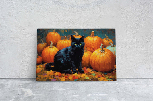 Black Cat Pumpkin Patch on Canvas, Halloween Decor, Fall Pumpkin, Framed Canvas,  Autumn Leaves, Pumpkin Leaf, Painting
