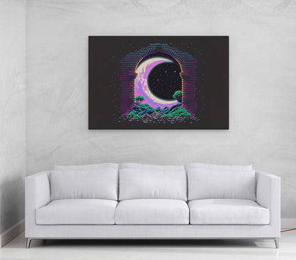 Moon Pixel Art Canvas Art Ready To Hang Large Print, Video Gamer, Man Cave, Synth Wave,