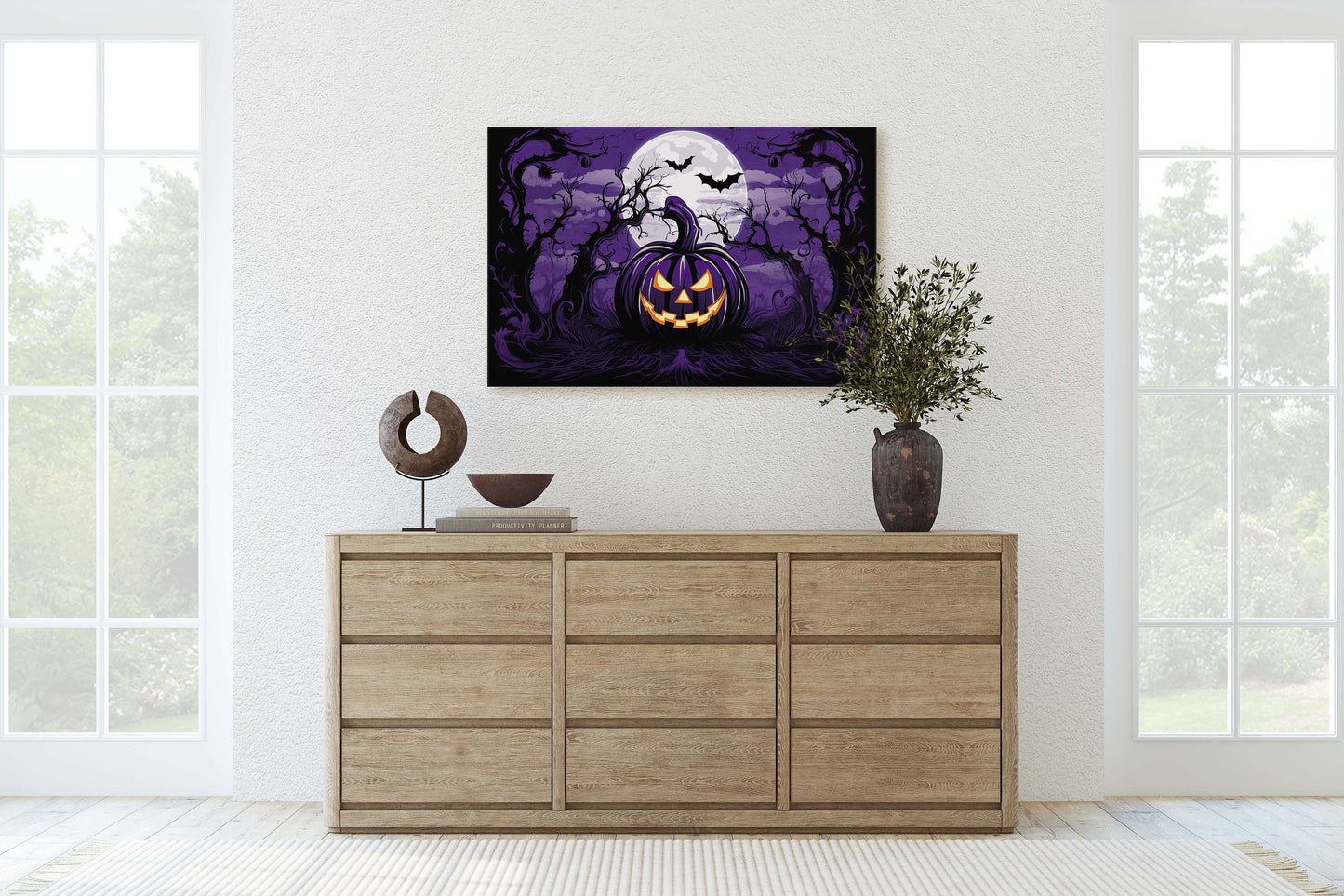 Spooky Jack-Lantern, Purple Moon, Halloween Spooky, Halloween Pumpkin Art, Scary Art, Pumpkin Patch, Poster Print, Framed Canvas