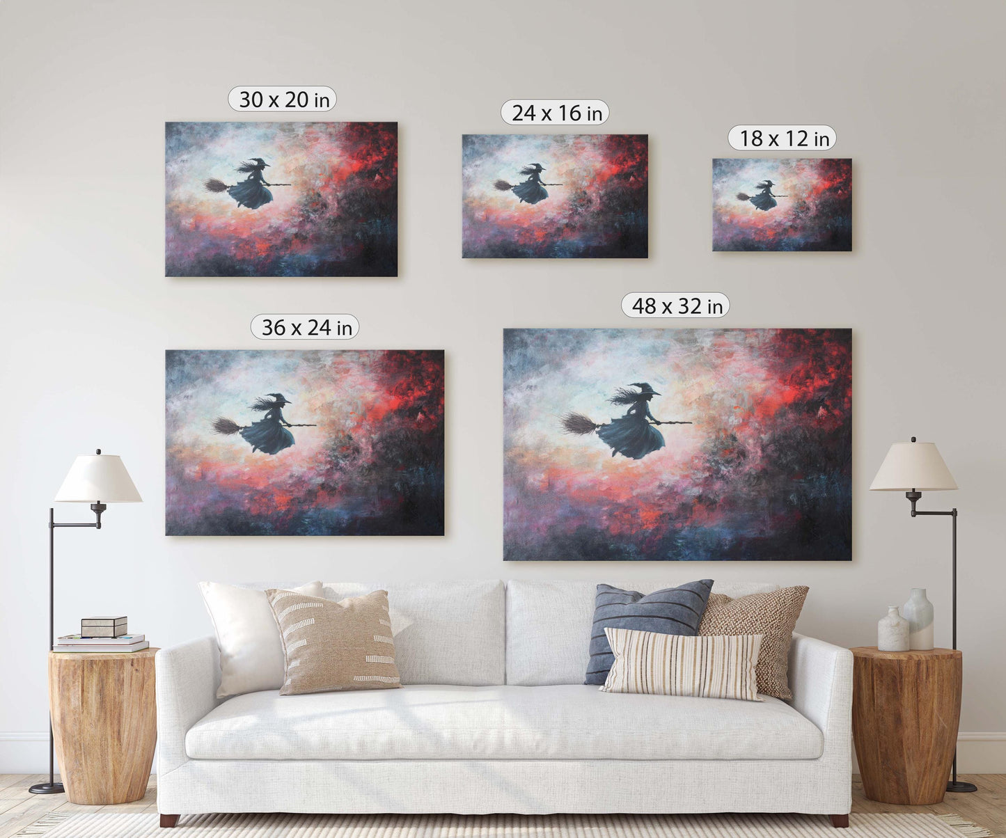 Flying Witch, Witch on Broomstick, Whimsical Decor, Full Moon, Halloween Art, Cloudy, Fall Art, Colorful