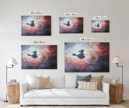 Flying Witch, Witch on Broomstick, Whimsical Decor, Full Moon, Halloween Art, Cloudy, Fall Art, Colorful