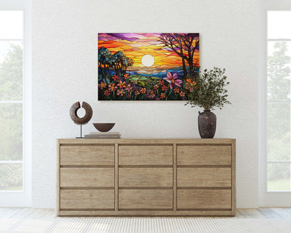 Stained Glass Painting, Faux Stained Glass, Sunset Flowers, Sunrise Field, Mountain Landscape, Framed Canvas, Vivid Colorful