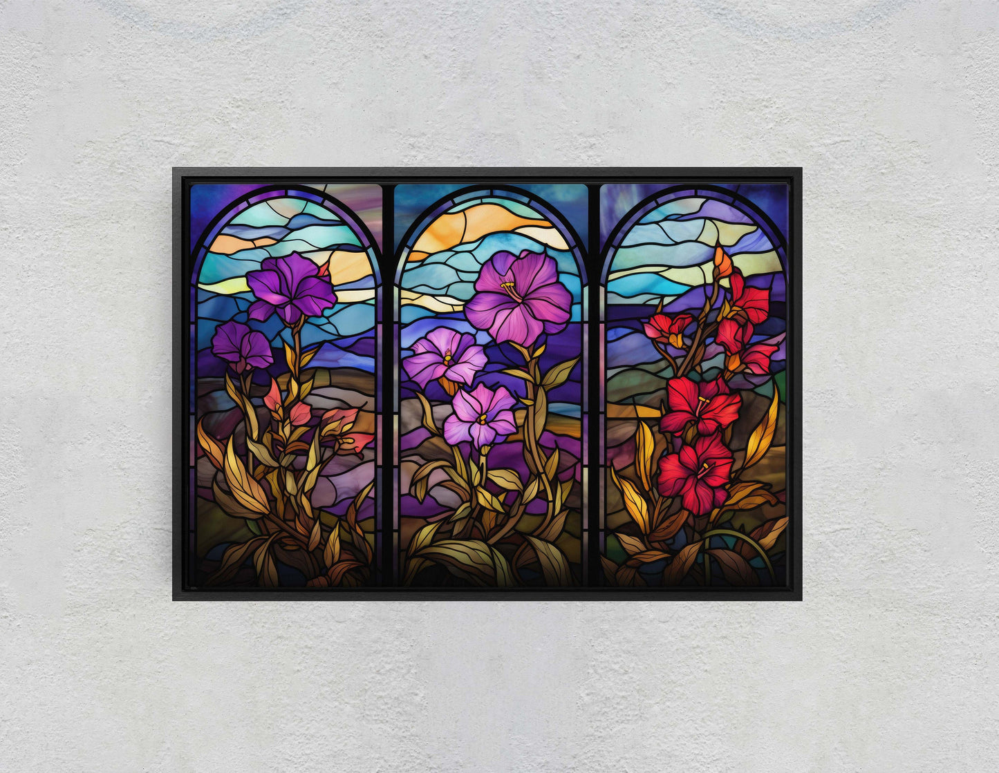 Stained Glass Flowers, Flower Portraits, Wildflowers, Framed Canvas, Vivid Color, Bright