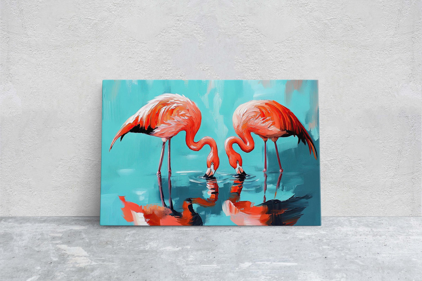 Flamingo Painting, Bird Art, Flamingos Drinking