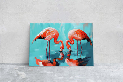 Flamingo Painting, Bird Art, Flamingos Drinking