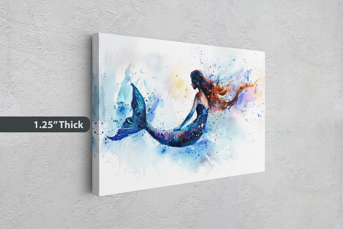 Watercolor Mermaid, Fantasy Creature, Ocean Art, White and Blue, Bathroom Decor, Framed Canvas, Large Art Print, Mystical, Impressionism