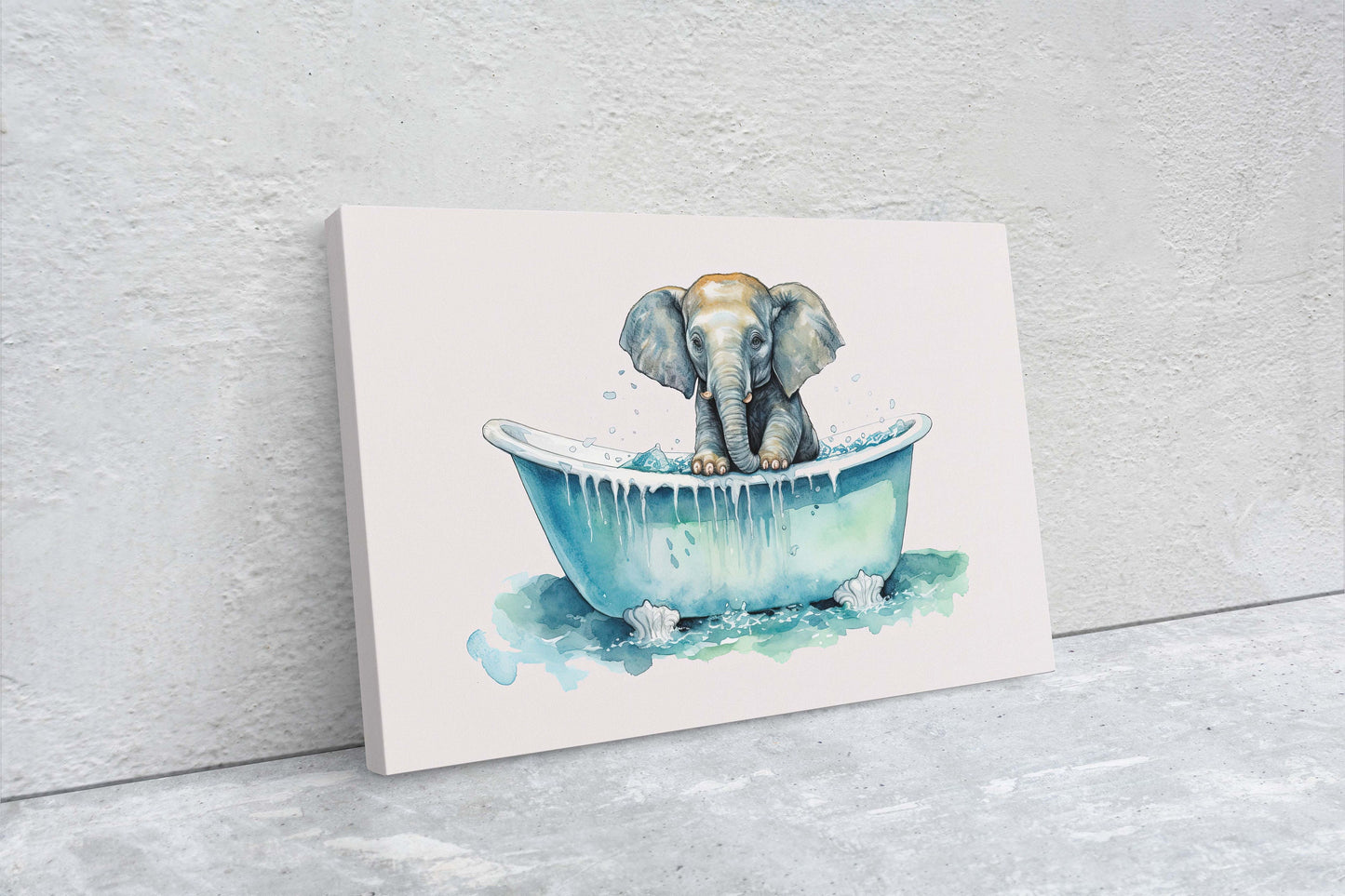 Elephant Bath, Elephant in Bathtub, Bathroom Decor, Kids Bath, Powder room, Fun Art, Cute Baby Elephant, Bath time Art, Silly Decor