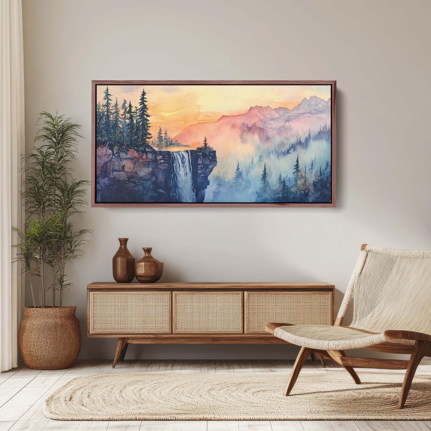 Cliff Waterfall, Watercolor Cliff, Mountain Painting, Scenic Art