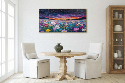 Night Sky Flowers, Meadow in the Night, Dark Colorful, Vibrant Decor, Large Art Print