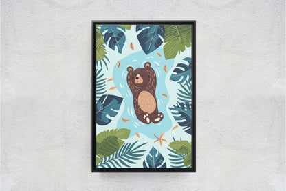 Baby Bear Relaxing, Bear Cub, Swimming Bear, Framed Canvas, Nursery Decor, Childrens Room, Kids Room, Illustration, Forest Art