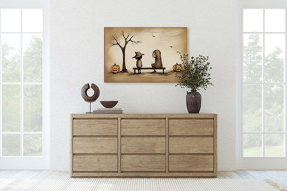 Cute Trick or Treat, Halloween Friends, Costume Bench, Cutesy Art, Adorable Halloween, Halloween bench, Retro Vintage Art, Subdued