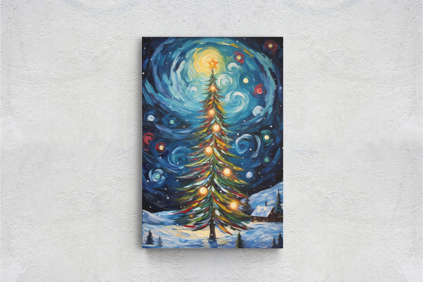 Starry Christmas Tree, Starry Night, Christmas Painting, Xmas Decor, Framed Canvas, Large Painting, Festive Print, Winter Art