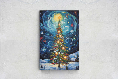 Starry Christmas Tree, Starry Night, Christmas Painting, Xmas Decor, Framed Canvas, Large Painting, Festive Print, Winter Art