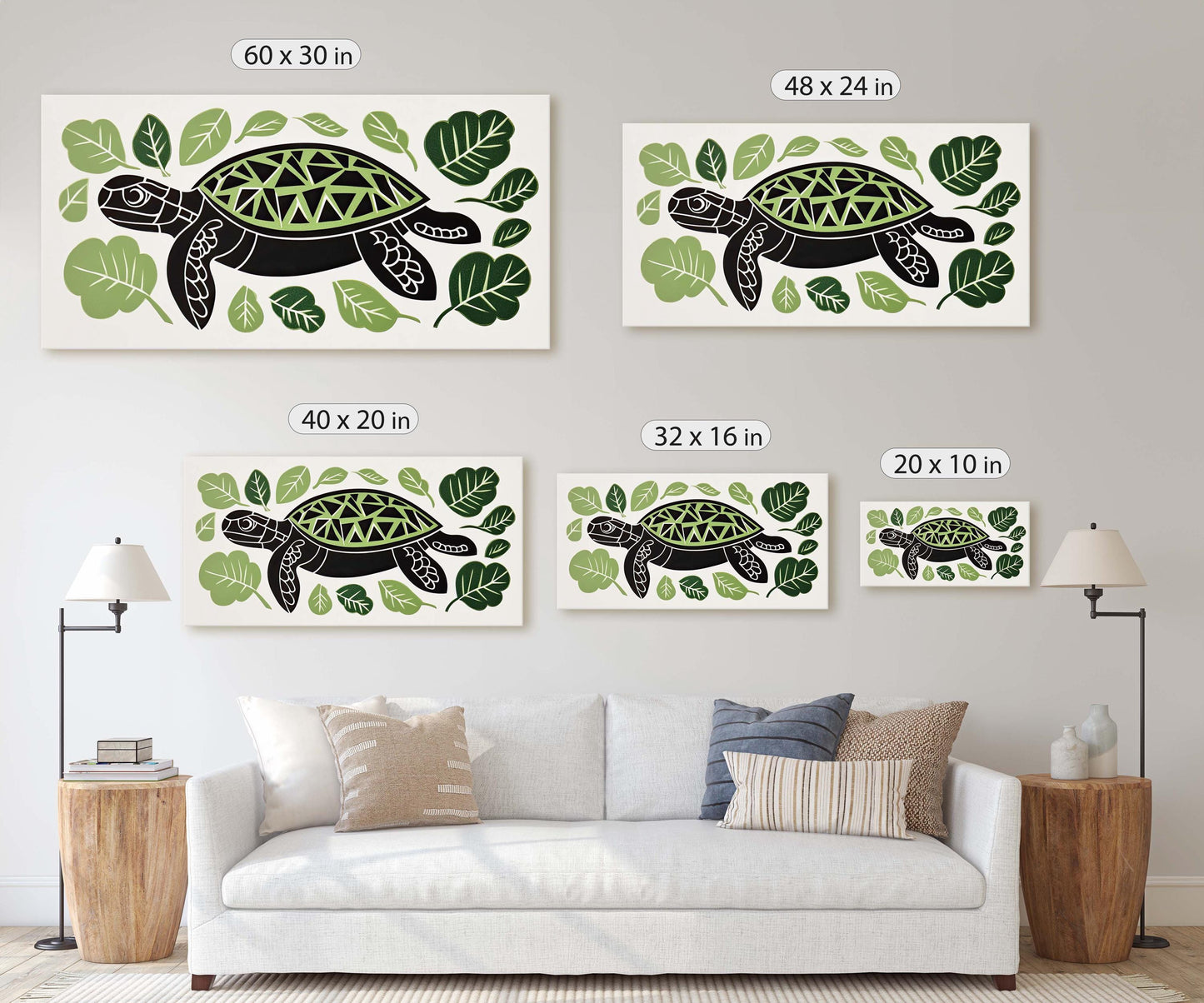 Turtle Folk Art, Scandinavian Art, Linocut Print, Framed Canvas, Large Canvas Print