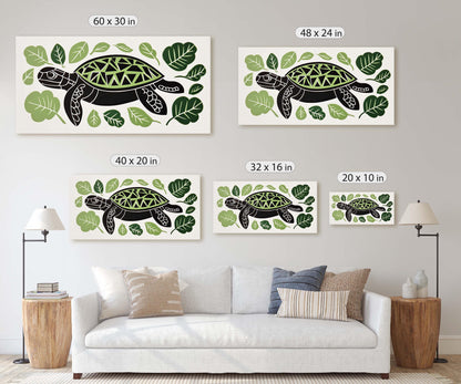 Turtle Folk Art, Scandinavian Art, Linocut Print, Framed Canvas, Large Canvas Print