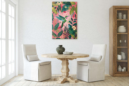 Hummingbird Pink, Framed Canvas, Tropical Art, Maximalist Jungle, Botanical Print, Bold Eclectic, Pink Art