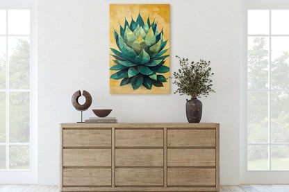 Agave Painting, Yellow Green Cactus, Desert Art, Mexico Art