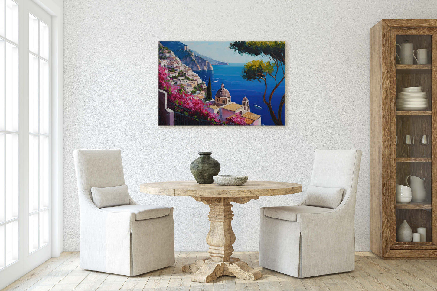 Italy Amalfi Coast, Seaside Coast, Colorful, Flowers Canvas, Coastline, Large Print, Painting, Landscape, Ocean Side, Beautiful View