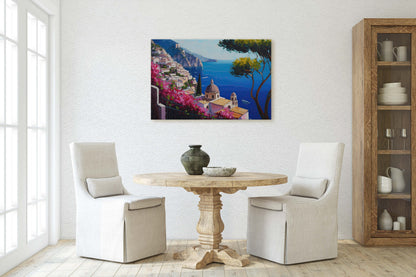 Italy Amalfi Coast, Seaside Coast, Colorful, Flowers Canvas, Coastline, Large Print, Painting, Landscape, Ocean Side, Beautiful View