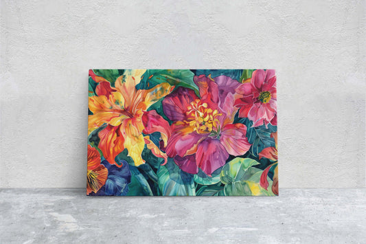 Vibrant Lily Painting, Colorful Botanical, Statement Piece, Framed Canvas, Bold Flower Decor, Jungle Flower, Lush Green, Pink Orange, Yellow