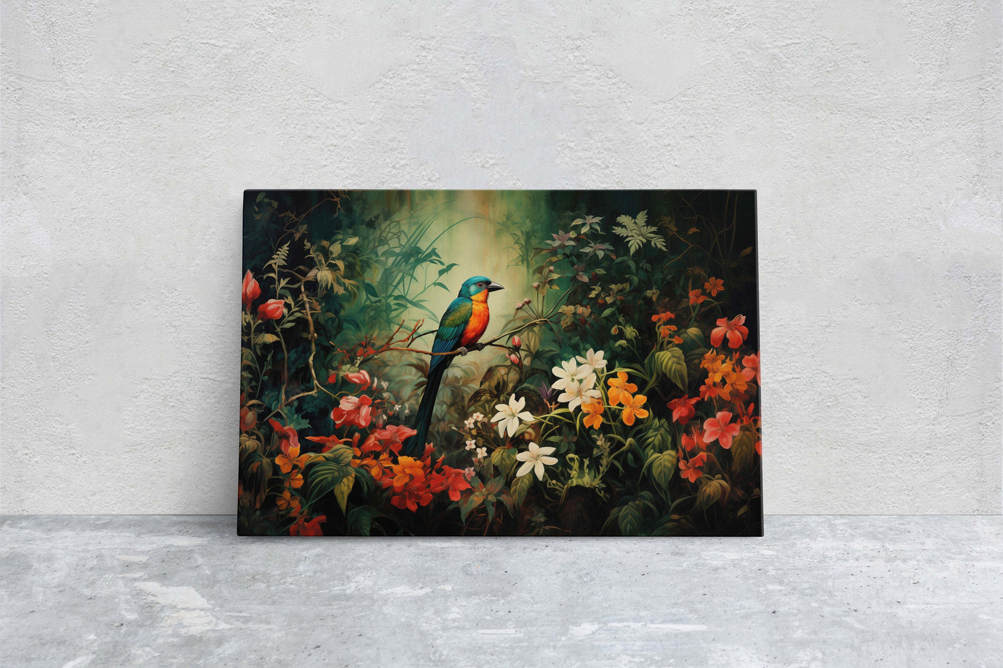 Jungle Bird Painting, Jungle Art, Green Jungle, Framed Canvas, Large Print, Beautiful Bird, Flower Jungle, Tropical Forest, Rainforest Art