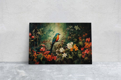 Jungle Bird Painting, Jungle Art, Green Jungle, Framed Canvas, Large Print, Beautiful Bird, Flower Jungle, Tropical Forest, Rainforest Art