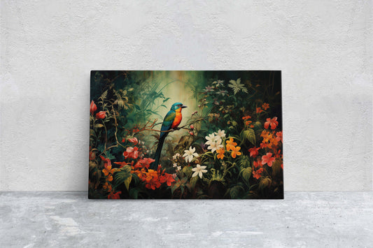 Jungle Bird Painting, Jungle Art, Green Jungle, Framed Canvas, Large Print, Beautiful Bird, Flower Jungle, Tropical Forest, Rainforest Art