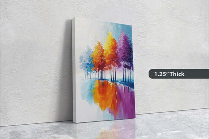 Trees By Lake, Colorful Foliage, Rainbow Trees, Pastel Colors, Blue White, Orange Purple, Framed Canvas, Large Art print