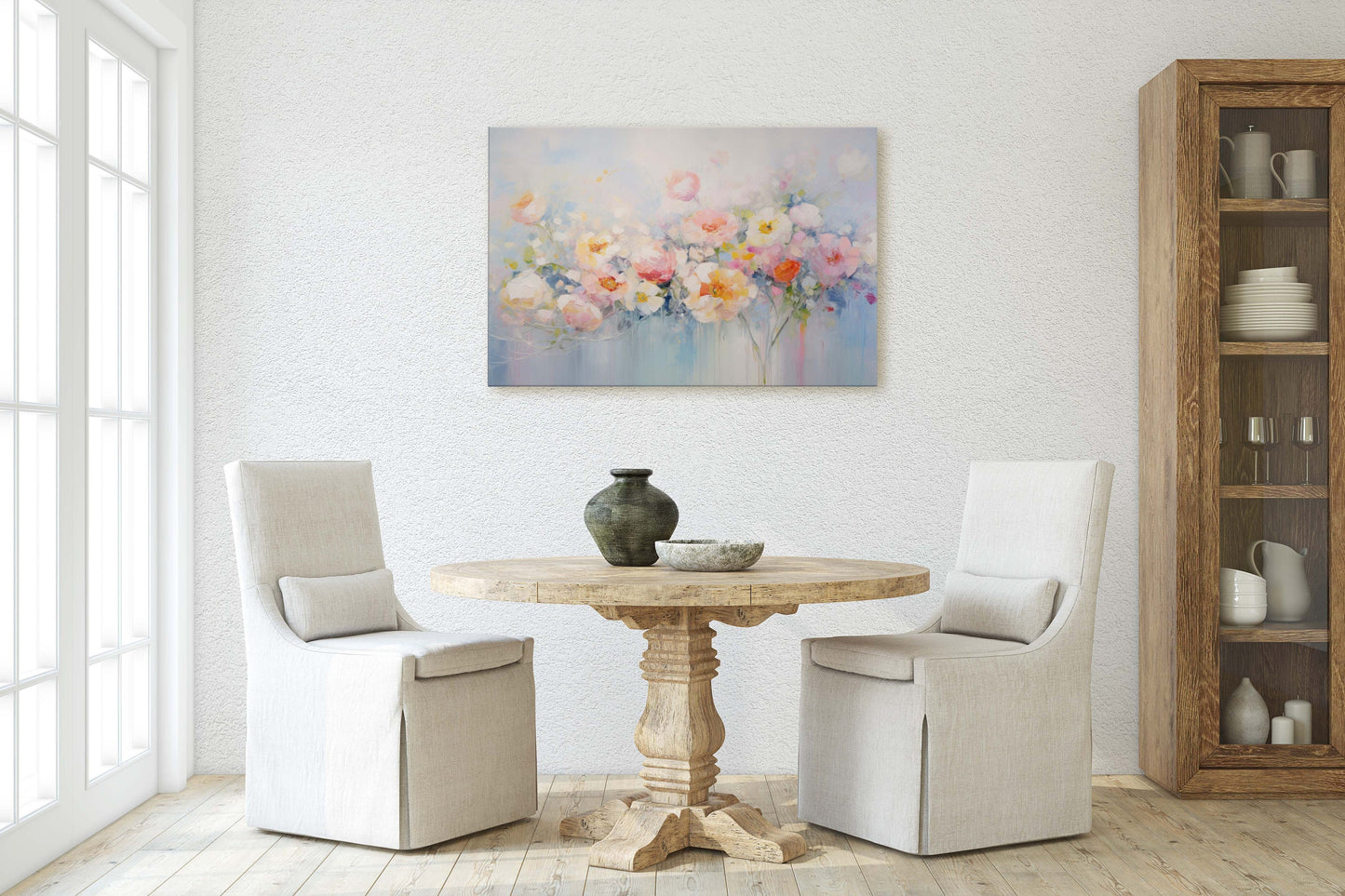 Abstract Floral Print, Flowers in Rain, Blue Canvas, Fine Art, Modern Artwork, Contemporary Print, Framed Canvas, Giclee