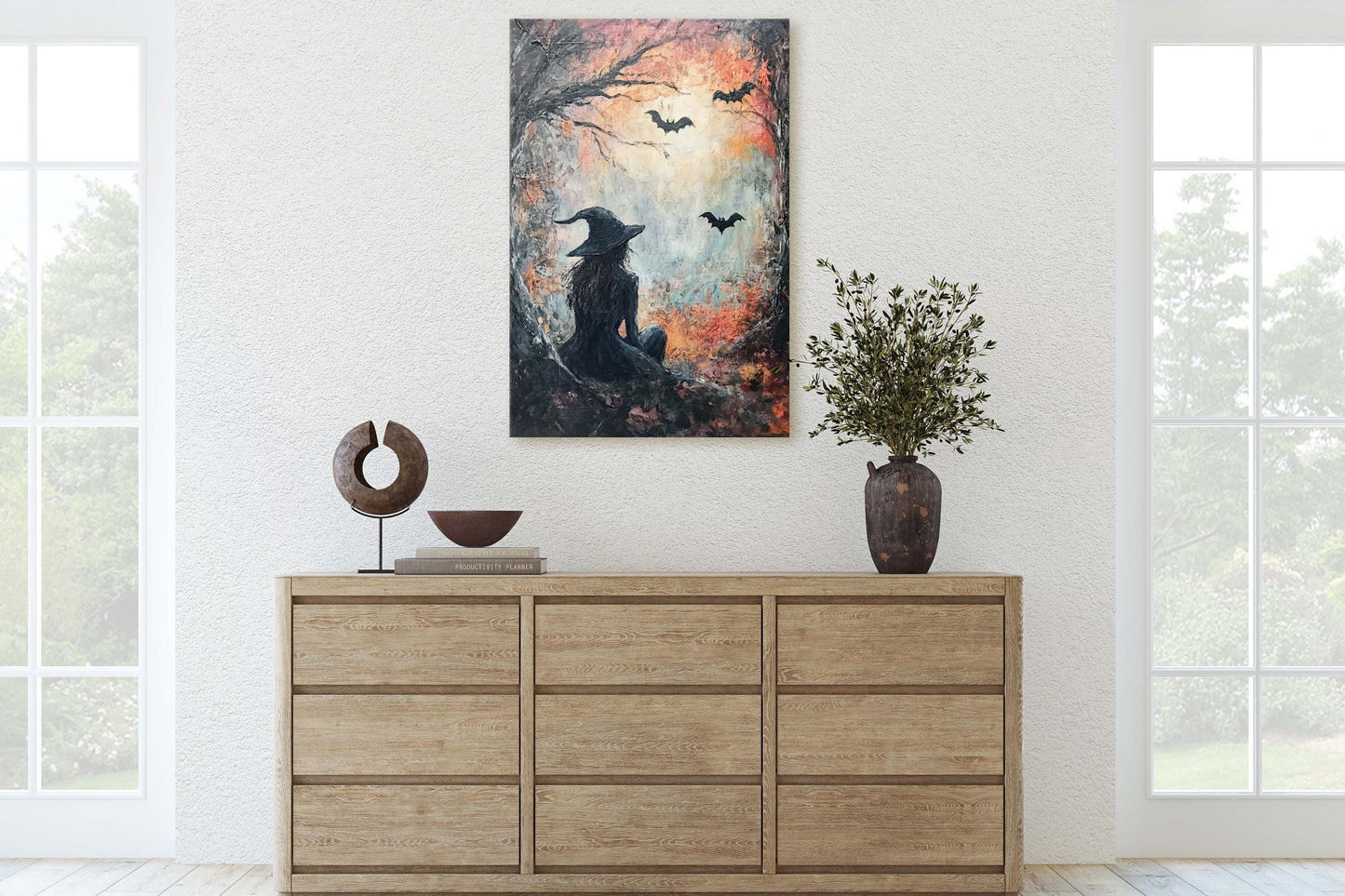 Witch Full Moon, Black Cat Wildflowers, Halloween Decor, Gothic Decor, Whimsical Halloween, Whimsy Night Stars, Bats Flying