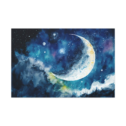 Watercolor Moon Sky Canvas Art Ready To Hang Large Print, Night Sky, Star Sky