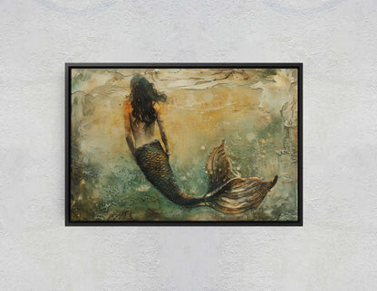 Mermaid Alone, Nautical Artwork, Ocean Decor, Mythical Creature, Fantasy Decor, Faux Metal, Framed Canvas, Extra Large Print
