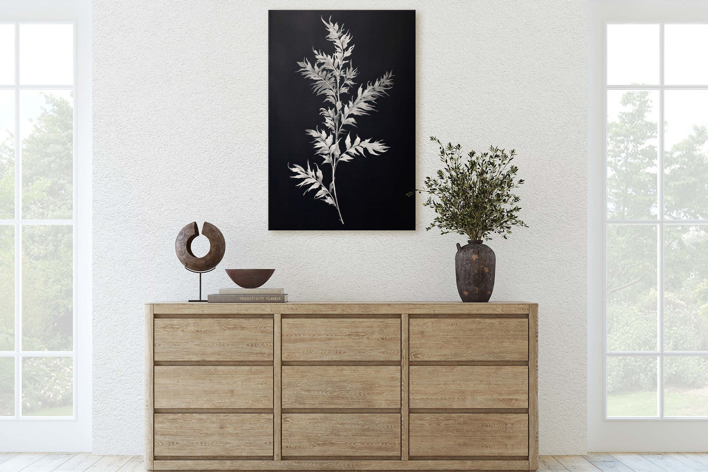 Black and White Floral, Botanical Art, Wildflower Decor, Farmhouse Print, Modern Art, Large Print, Framed Canvas