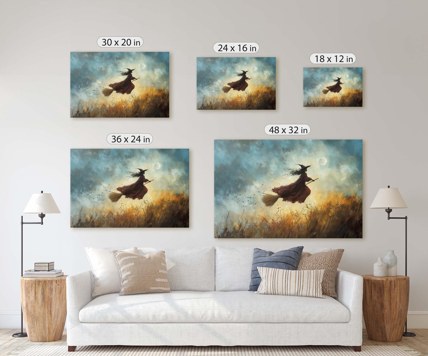 Flying Witch, Witch on Broomstick, Whimsical Decor, Full Moon,Halloween Art, Fall Harvest, Cloudy