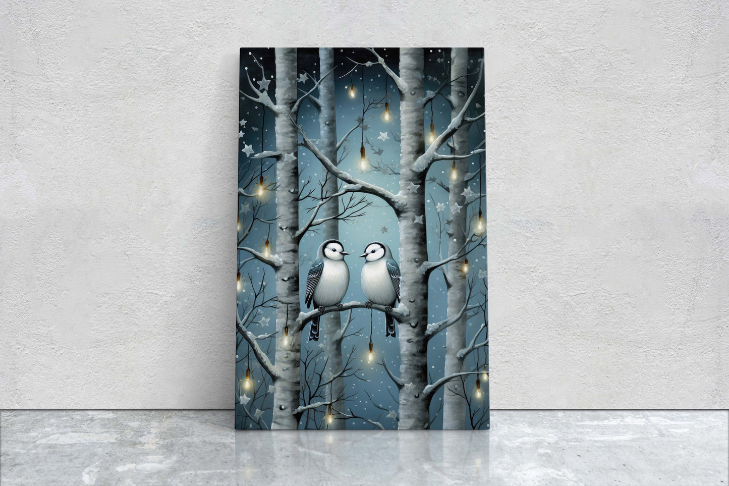 Snow Birds Painting, Winter Bird Tree, Festive Decor, Winter Season, Blue Birds, Tree Lights, Framed Canvas