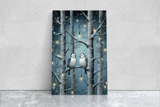 Snow Birds Painting, Winter Bird Tree, Festive Decor, Winter Season, Blue Birds, Tree Lights, Framed Canvas