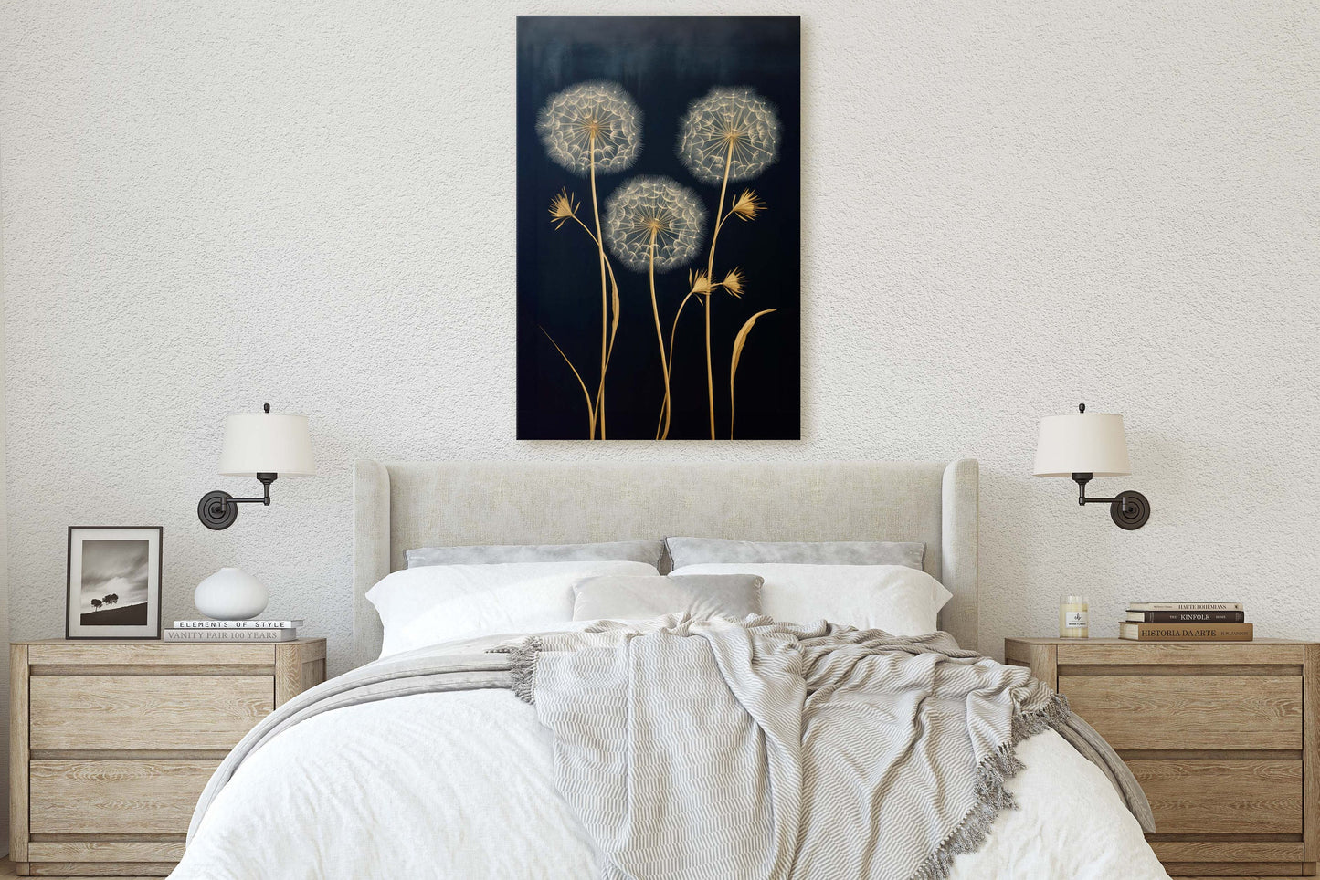 Dandelions Painting, Black and Gold, Floral Decor, Framed Canvas, Flower Print, Large Print, Contemporary Decor, Modern Art, Simple Bold