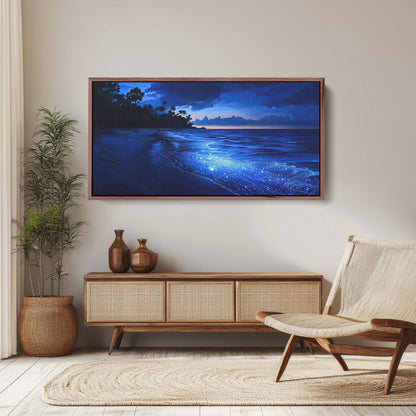 Starry Beach, Night Beach Art, Coast Painting, Blue Glow