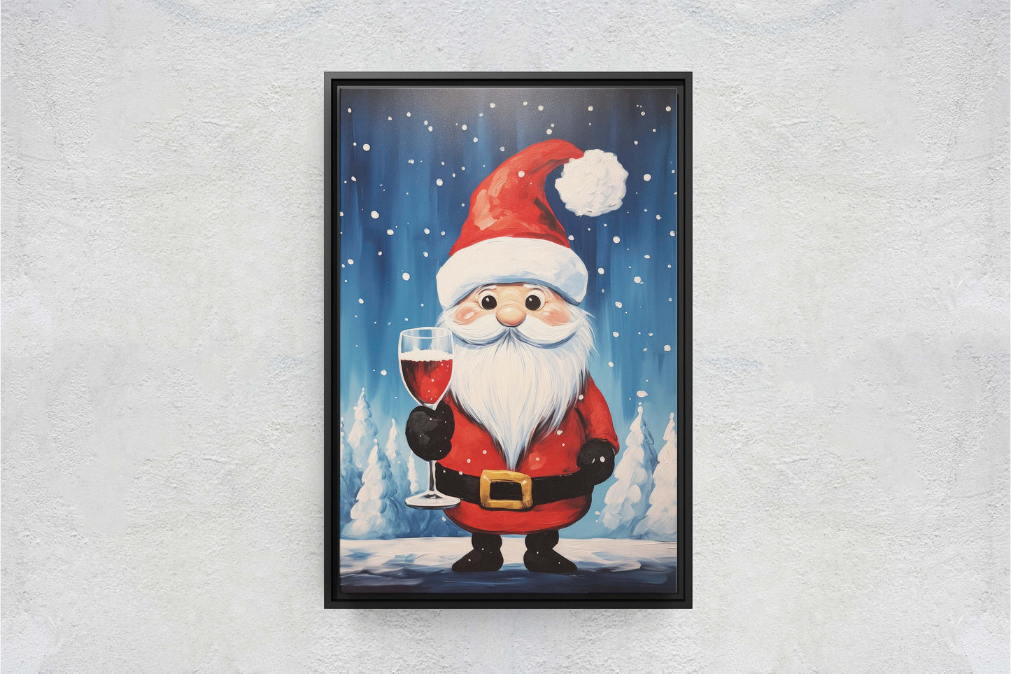Cute Santa Wine, Santa Clause, Christmas Decor, Santa Painting, Saint Nick, Christmas Gift, Framed Canvas, Father Christmas, Holiday Artwork
