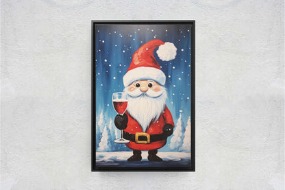 Cute Santa Wine, Santa Clause, Christmas Decor, Santa Painting, Saint Nick, Christmas Gift, Framed Canvas, Father Christmas, Holiday Artwork