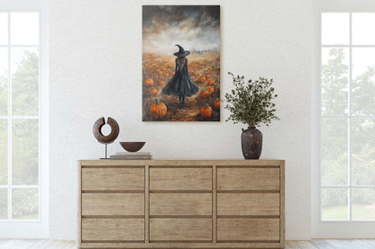 Witch Pumpkin Patch, Black Witch, Pumpkin Field, Halloween Decor, Gothic Art, Artistic, Lone Witch